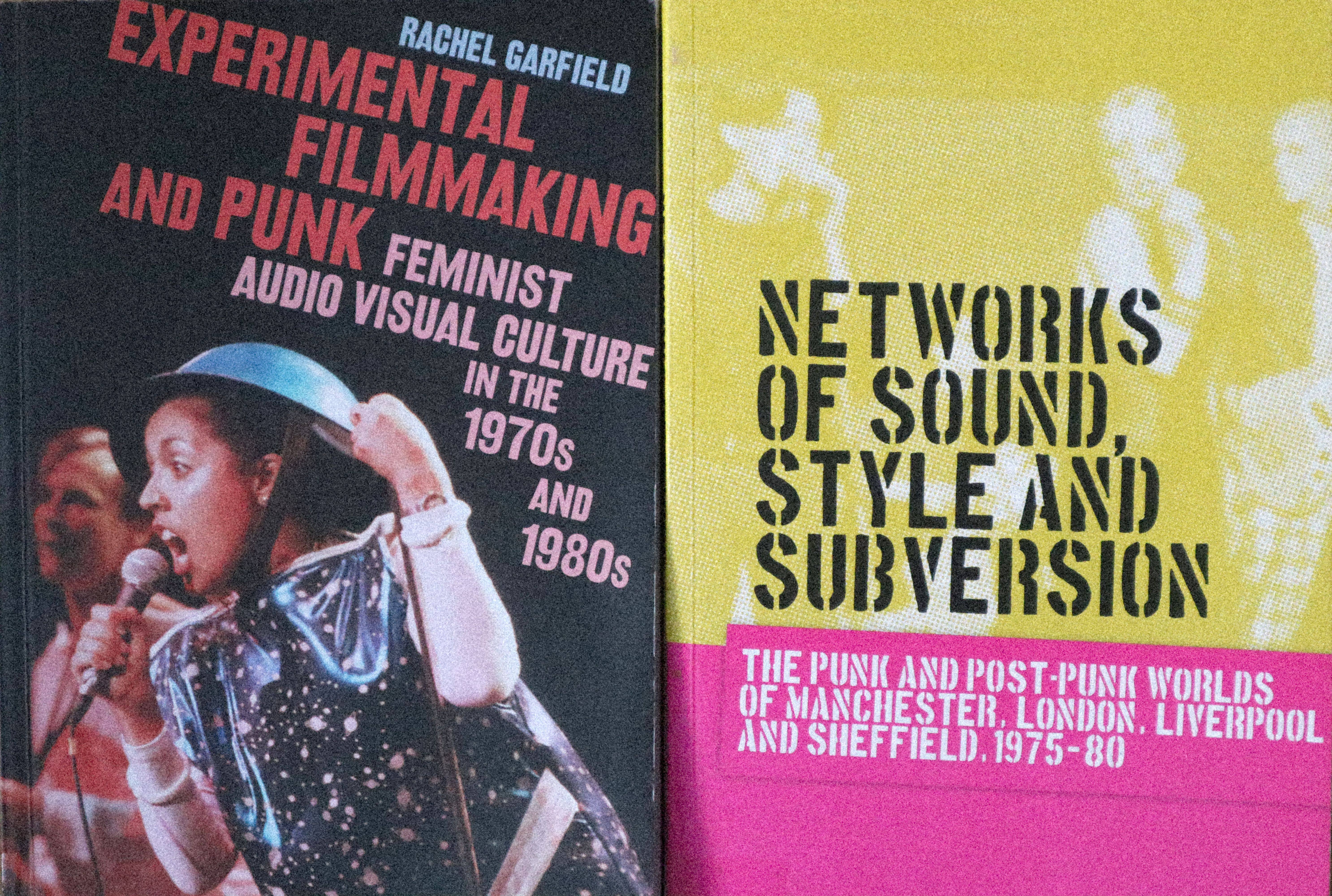 Image of Reference books: Rachel Garfield, Experimental Filmmaking and Punk (2021); Nick Crossley, Networks of Sound, Style and Subversion (2015). Photographed by Charmaine Wah.