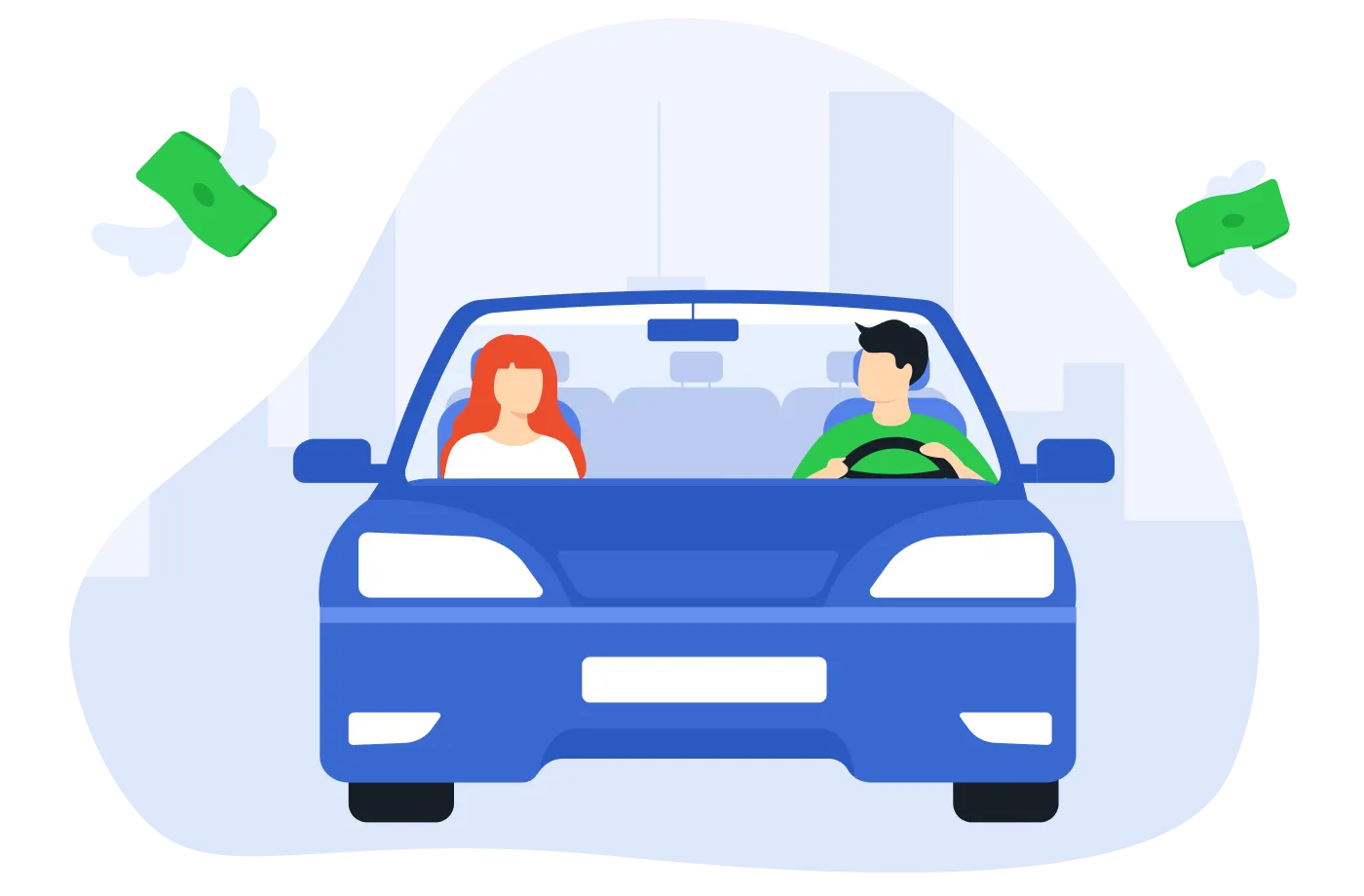 Ilustrație cu un șofer și un pasager sugerând siguranța pe care o oferă asigurările auto achiziționate prin Pago App.
