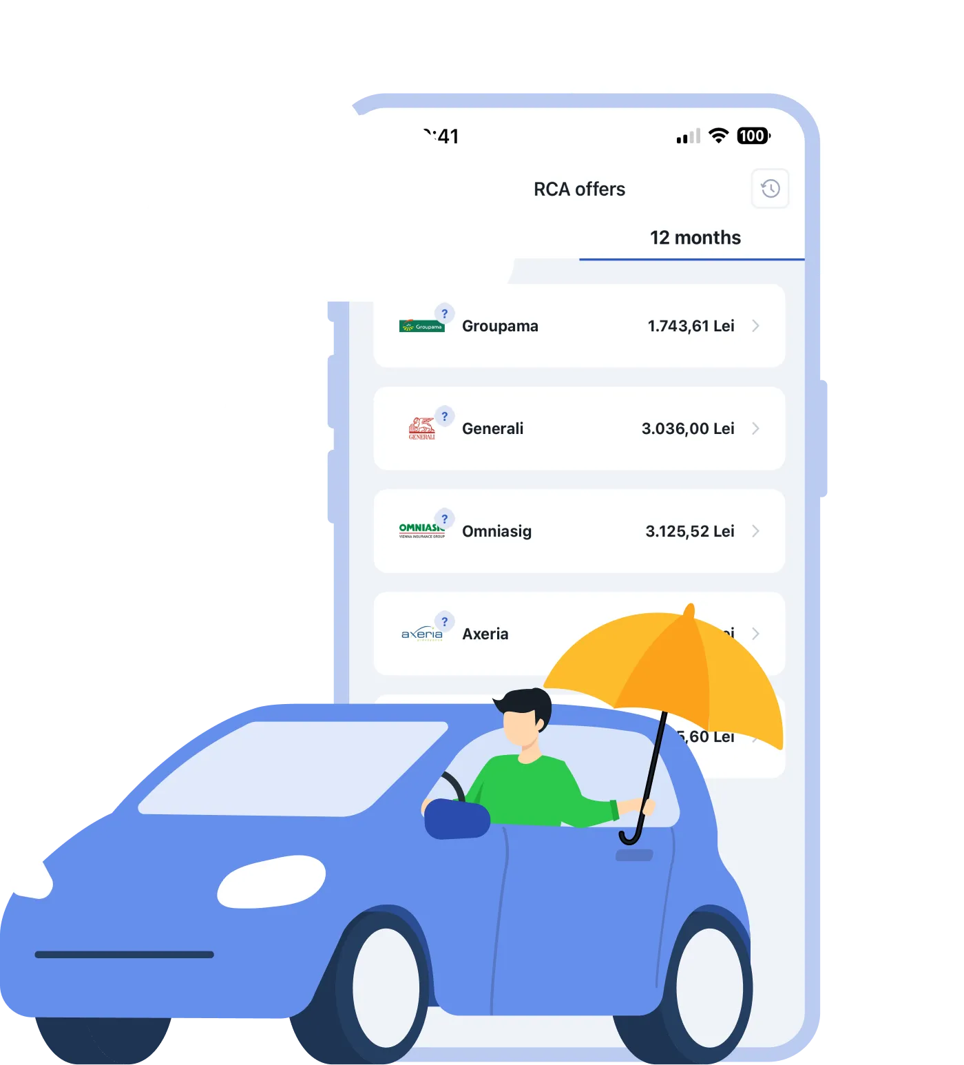 Ilustrație cu ecranul aplicației Pago afișând oferte la RCA afișate în aplicație: Groupama, Generali, Omniasig, Axeria, cu prețuri pentru 12 luni.
