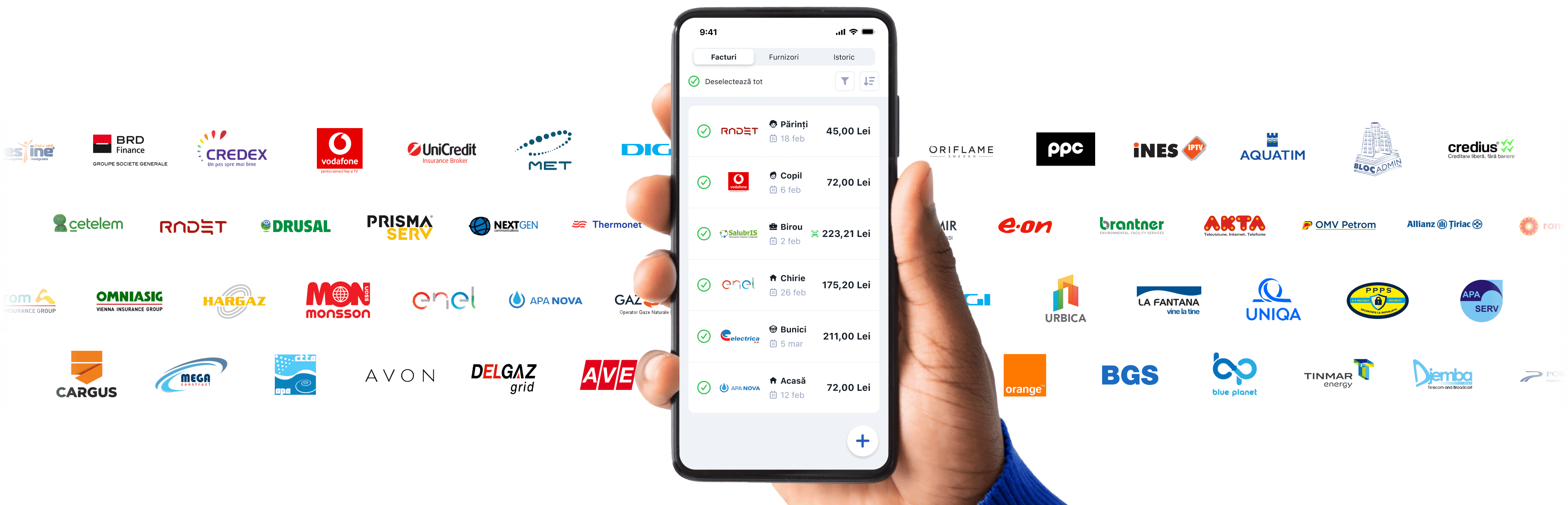 Un smartphone cu aplicația Pago deschisă la lista de facturi scadente: Vodafone, SalubrIS, enel, electrica, Apa Nova.