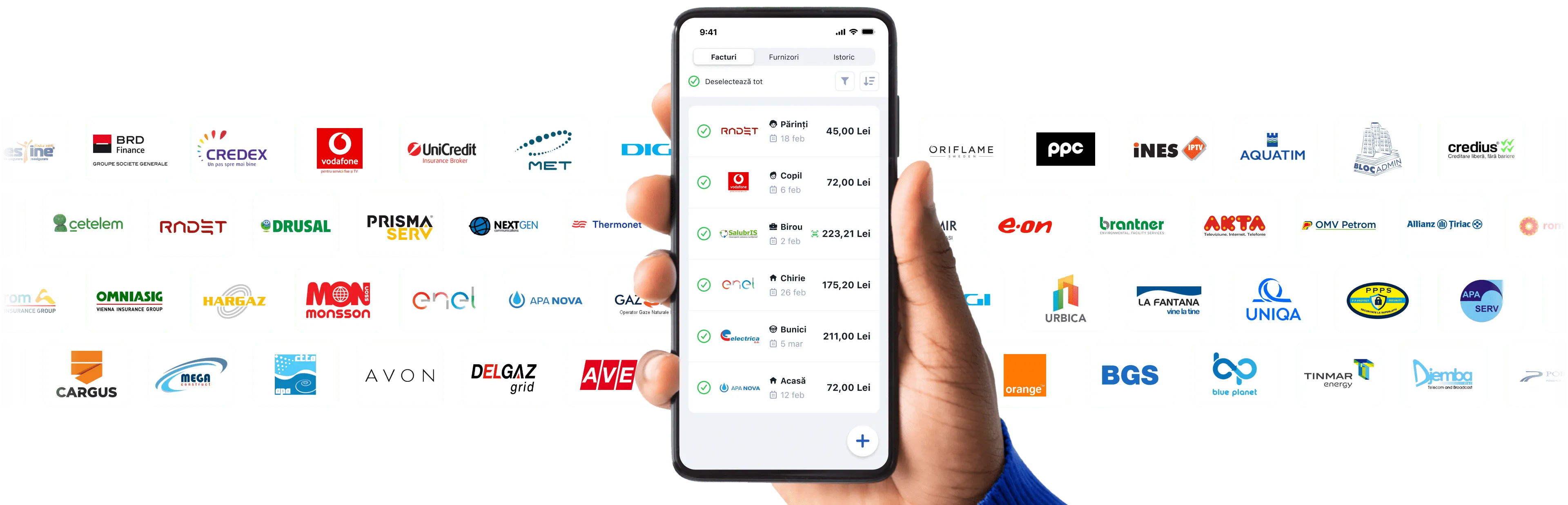 Un smartphone cu aplicația Pago deschisă la lista de facturi scadente: Vodafone, SalubrIS, enel, electrica, Apa Nova.