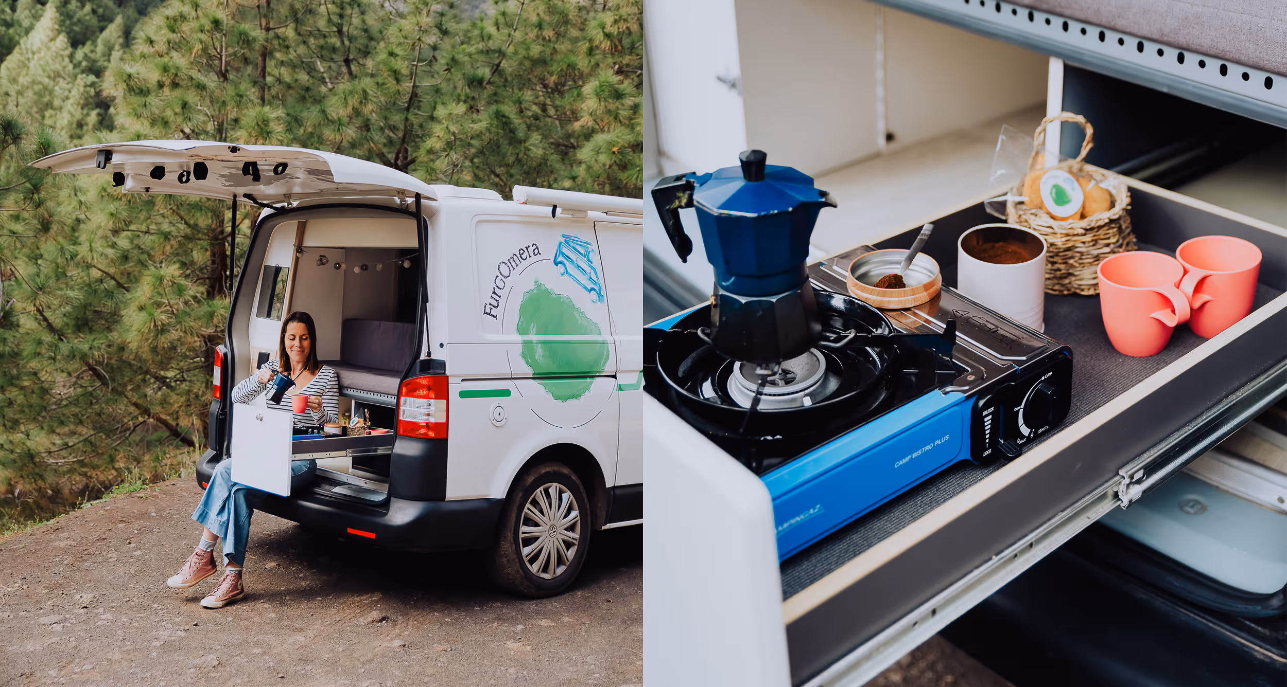 Cocina exterior de la camper La Guancha y detalle del lateral con puertas abiertas