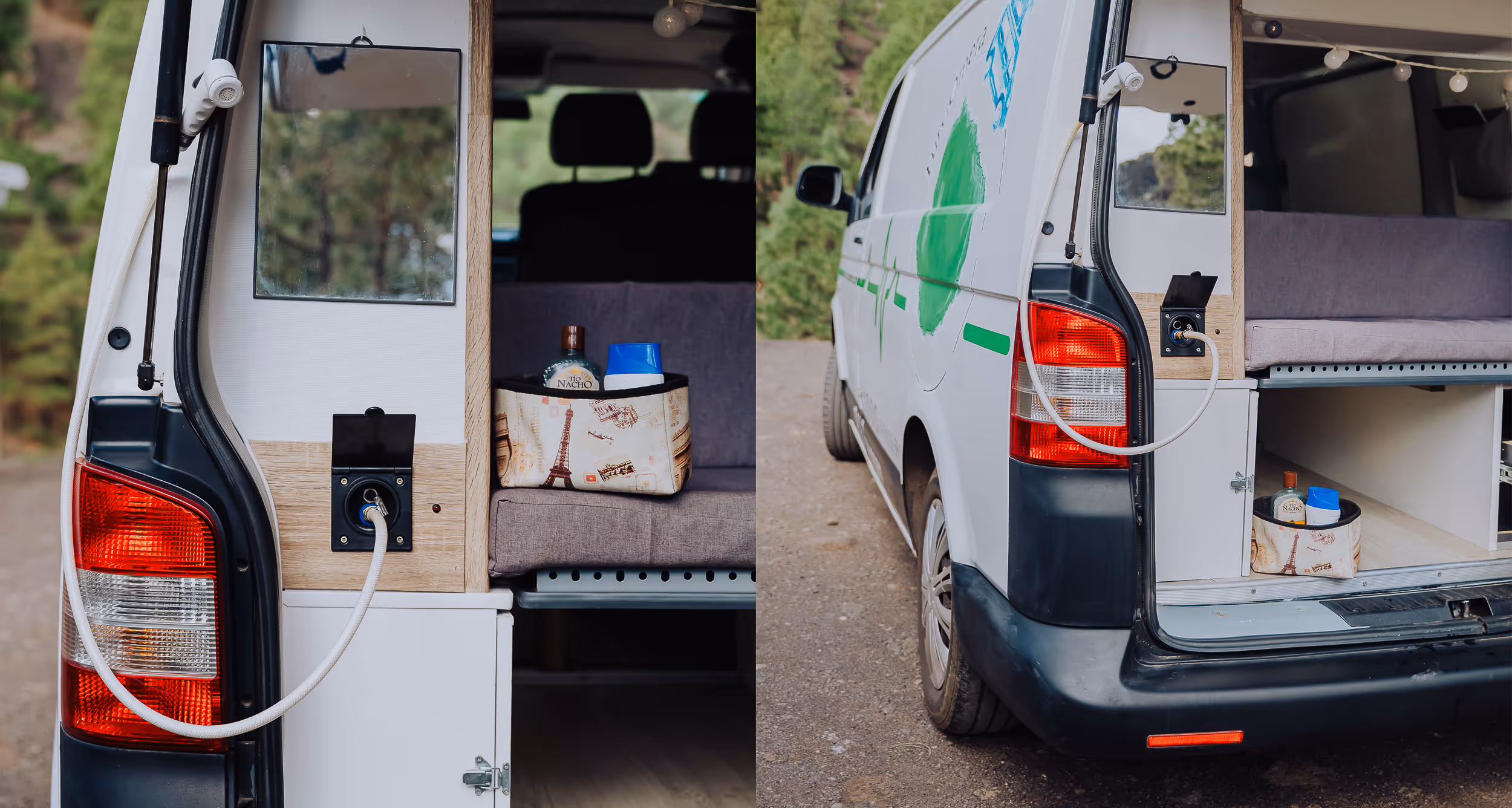 Parte trasera de la camper La Guancha con el portón abierto y zona de almacenaje