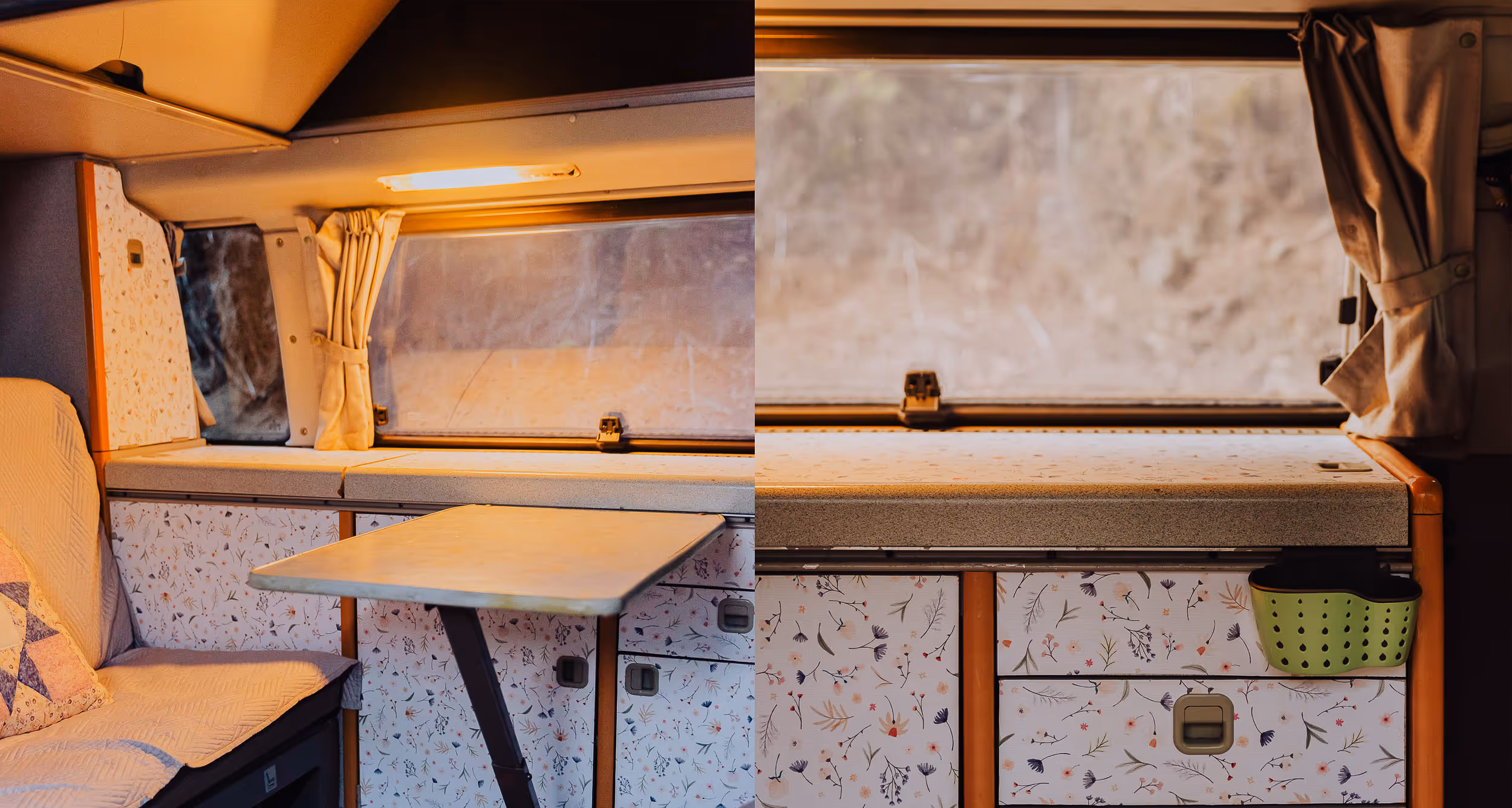 Interior de la camper Agana con zona de cocina y mesa.