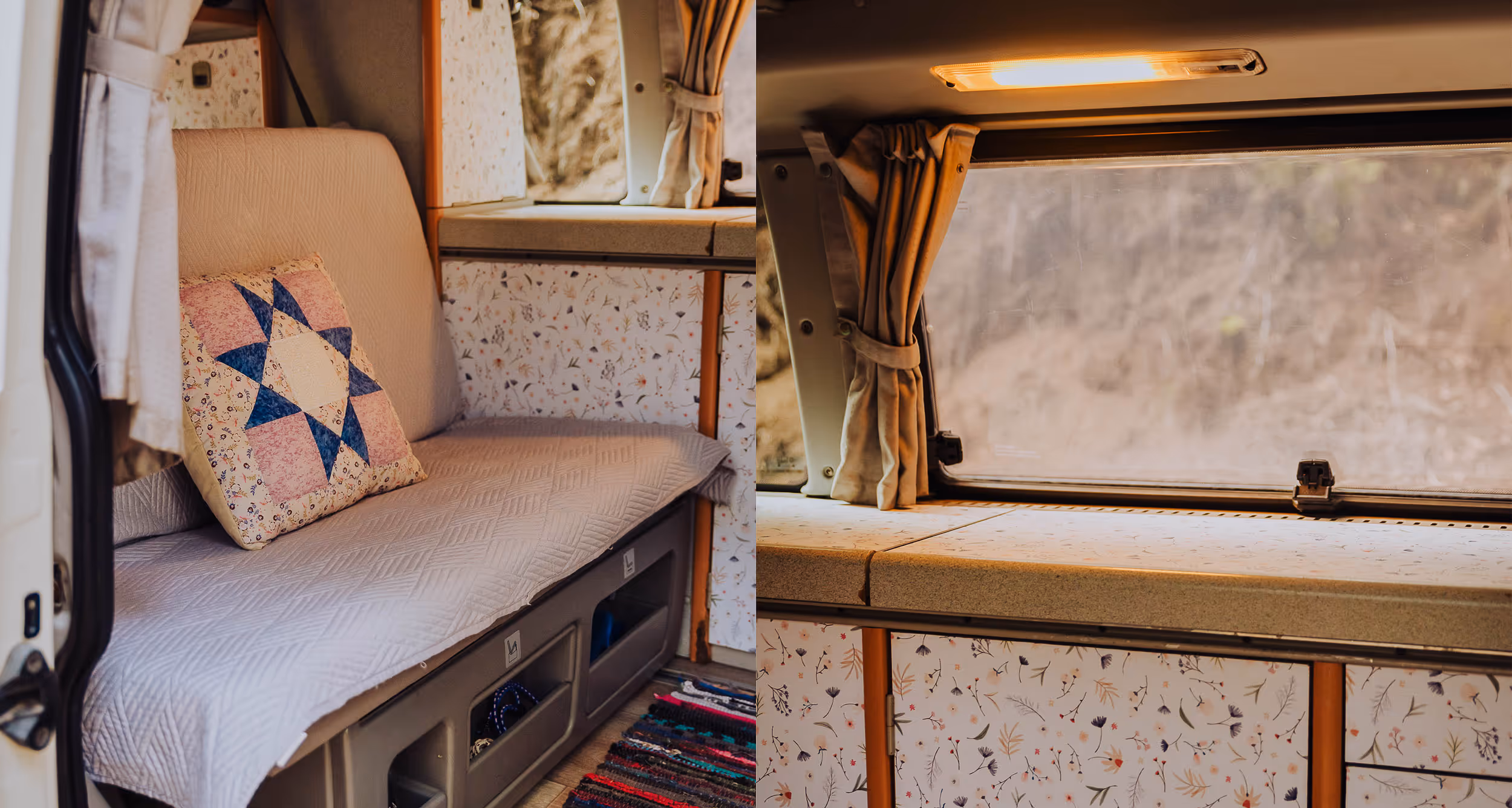 Interior de la camper Agana con zona de cama y muebles.