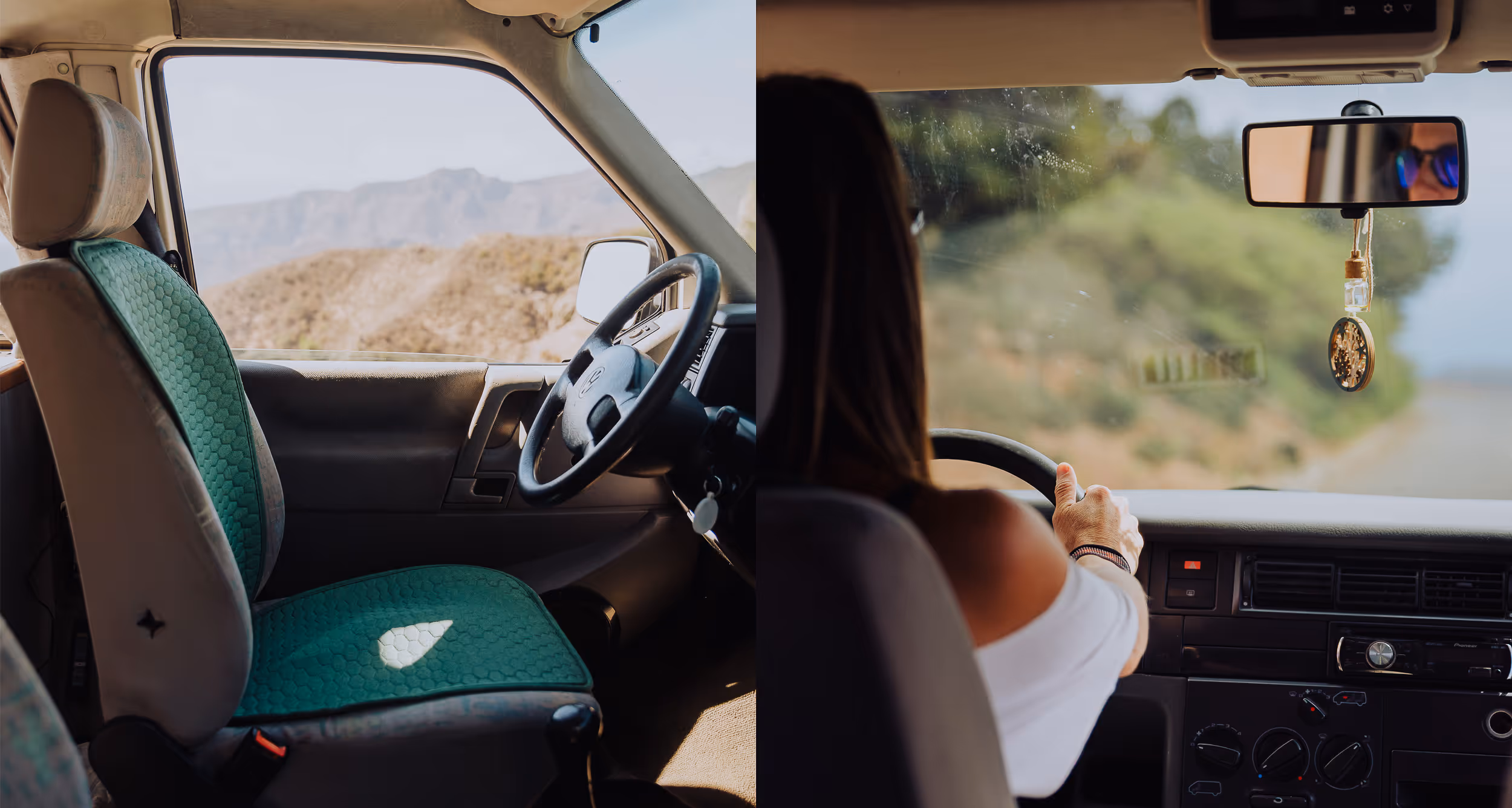 Cabina delantera de la camper Agana, vista desde el interior.