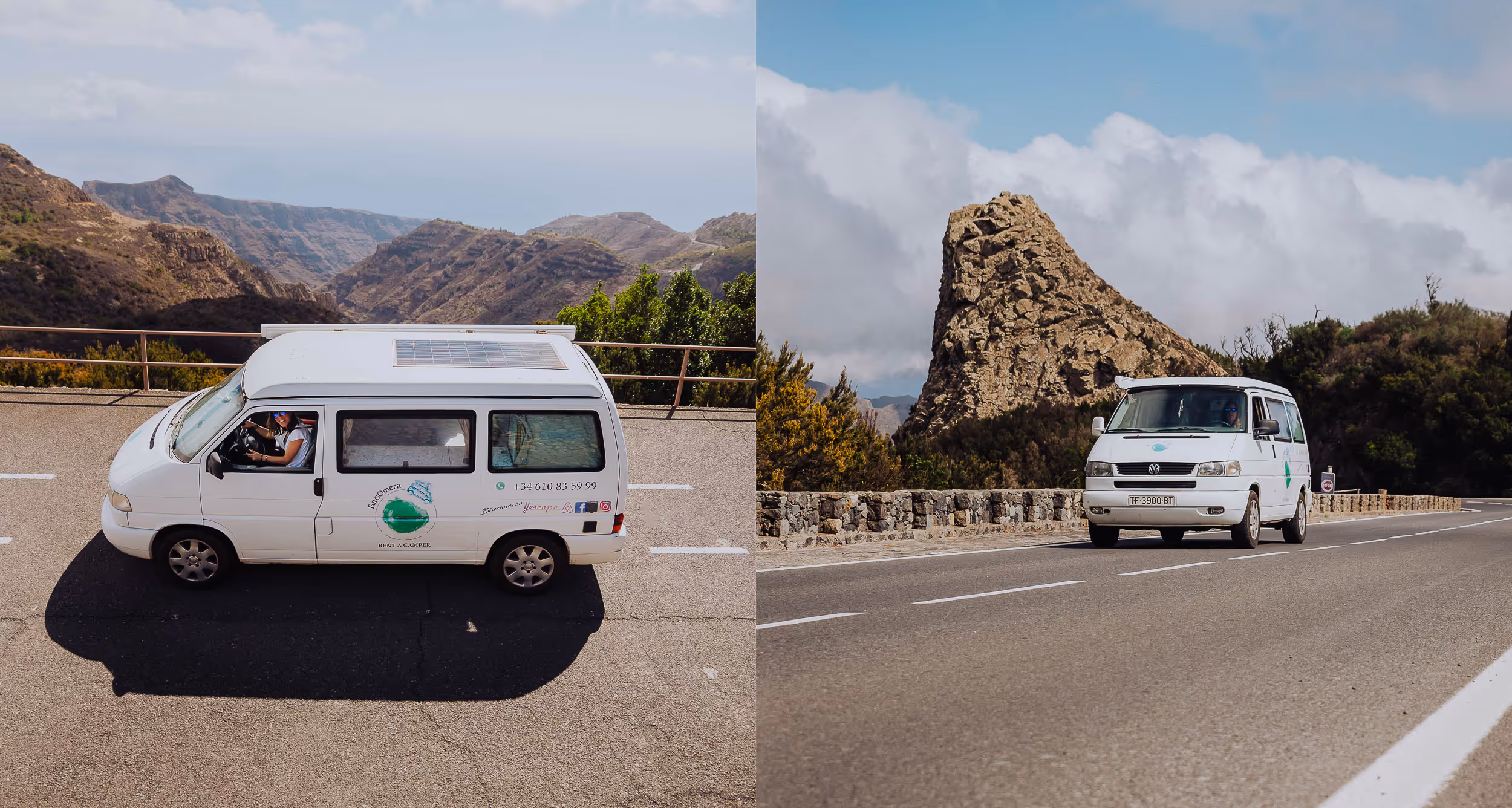 Campers de Furgomera en carretera en La Gomera, con paisaje de la isla.