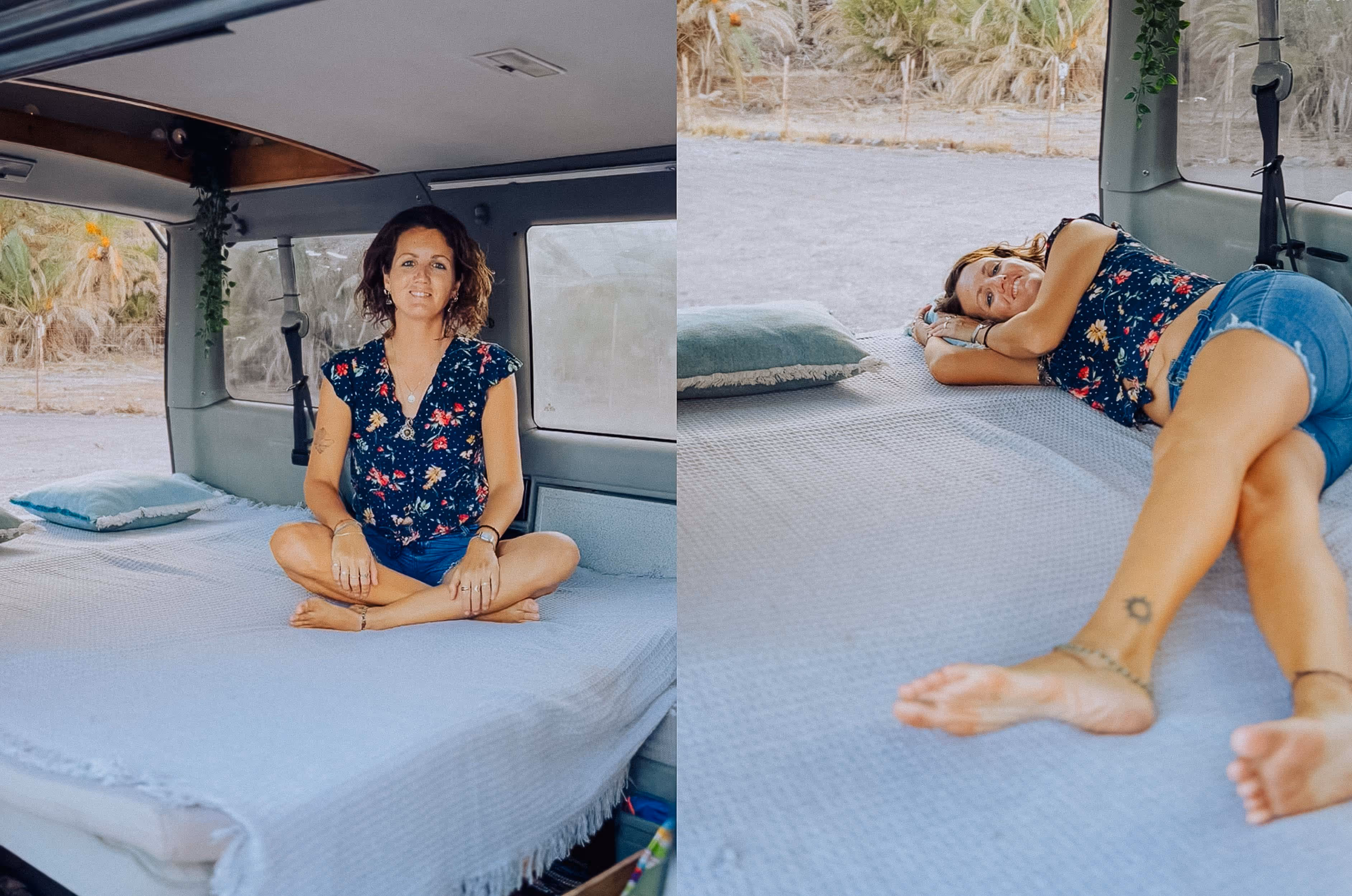 Imagen doble del interior de la camper Hipalan con una viajera sentada y recostada en la cama