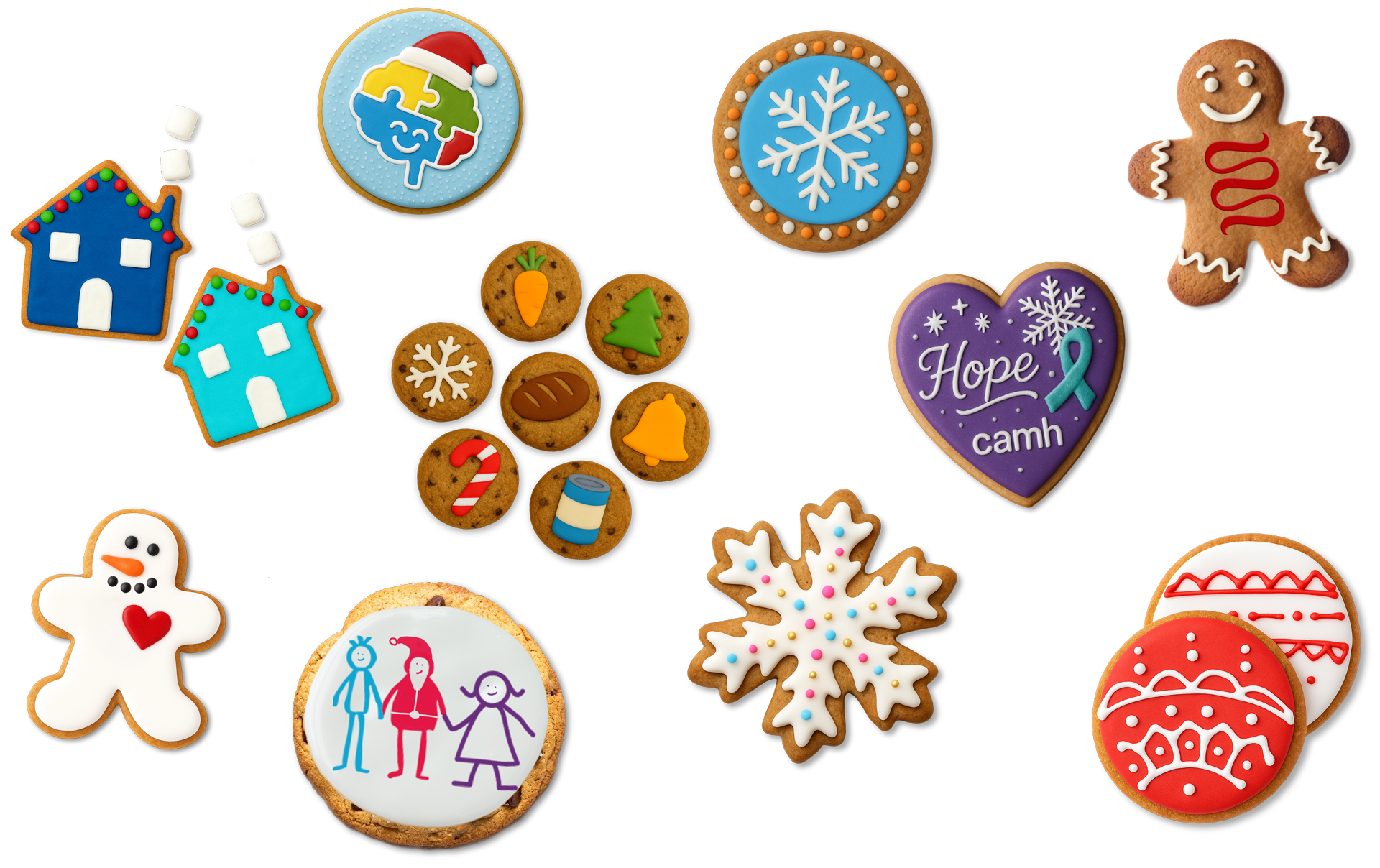 A tray of decorated holiday cookies, each baked for a different charity.