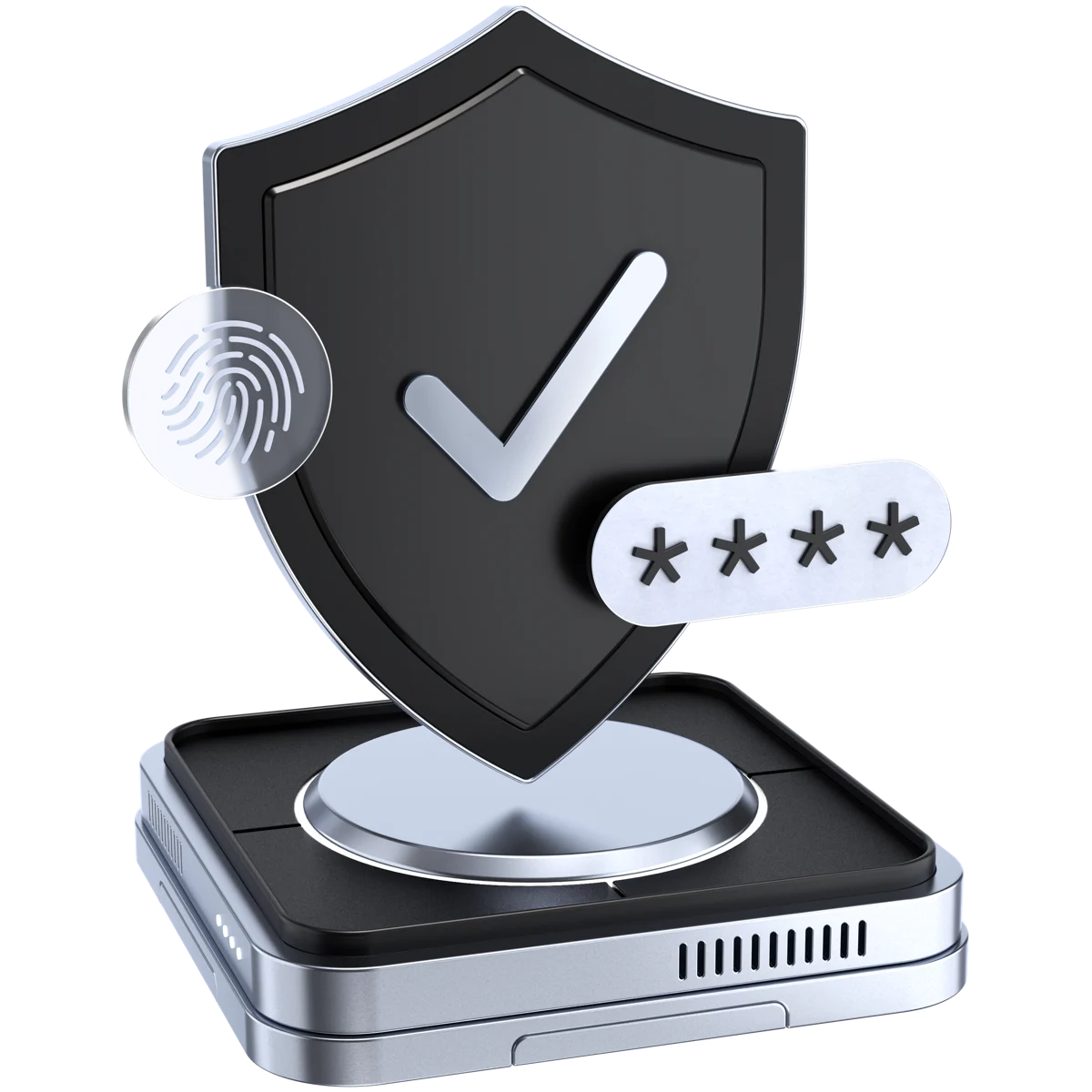 Security shield with a checkmark, fingerprint and password badges