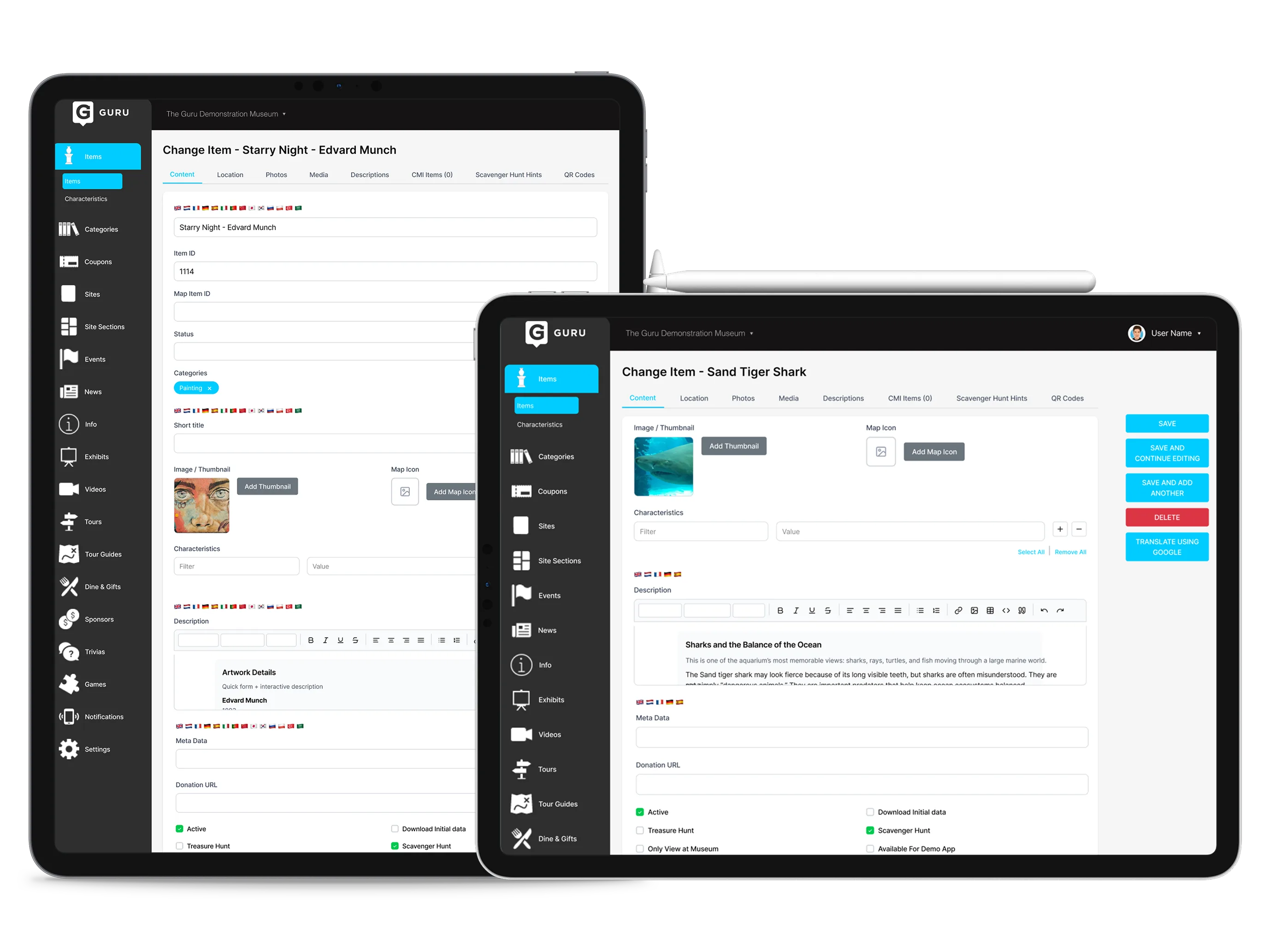 Guru CMS dashboard shown on an iPad