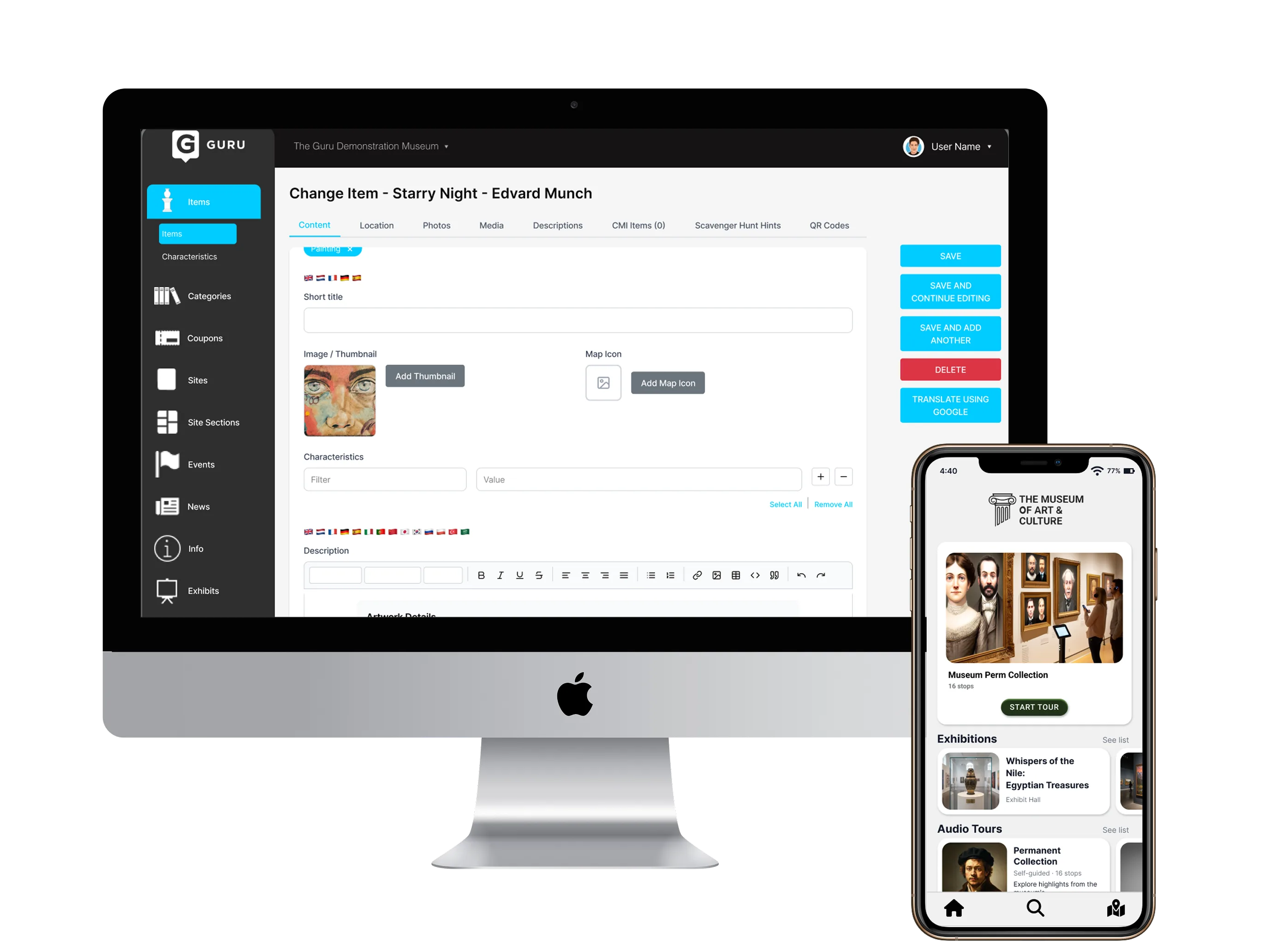 Guru CMS analytics next to the Guru mobile app showing visitor engagement data