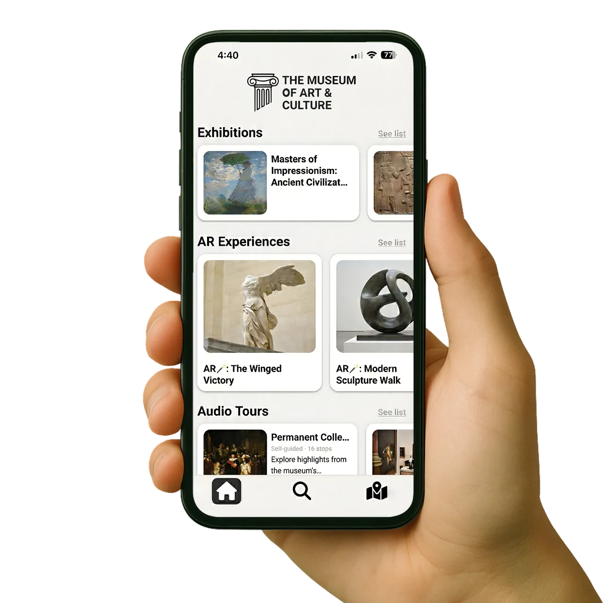 Hand holding a phone running the Guru museum app, showing exhibitions, AR experiences, and audio tours for an art and culture museum.