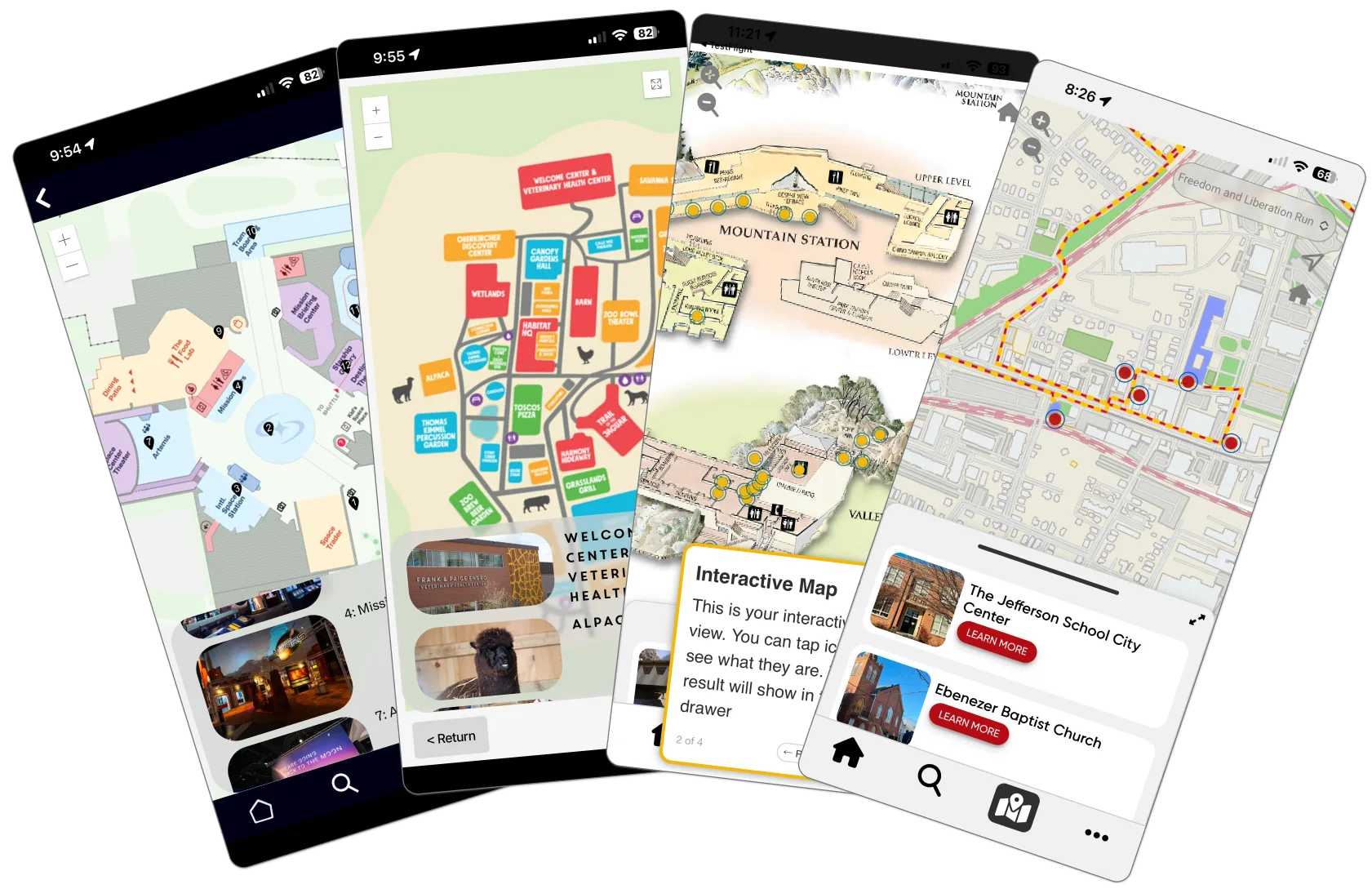 Collage of phone screens showing various Guru crafted interactive maps and location info for different places.