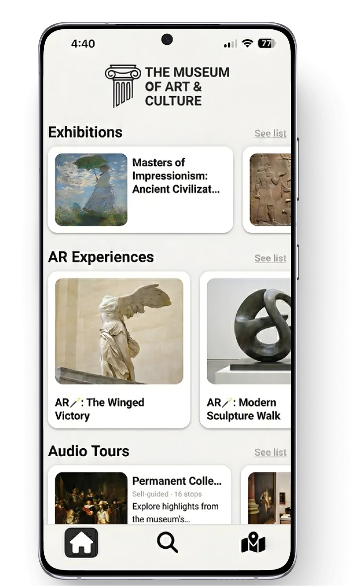 Guru Museum app screen showing exhibitions, AR experiences like Winged Victory, and audio tours sections.