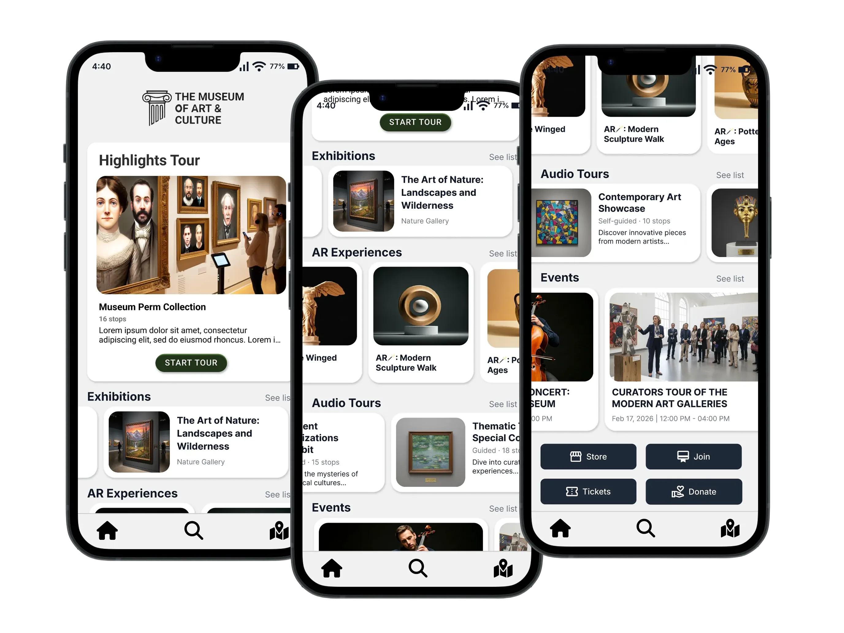 Guru Museum app screens showing tours, exhibitions, AR experiences, audio tours, and events.