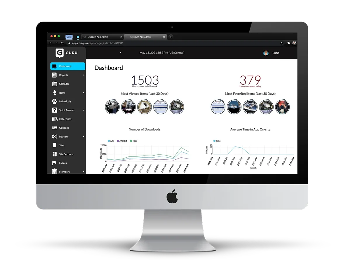 Guru app screens showing visitor information, hours, and push notifications