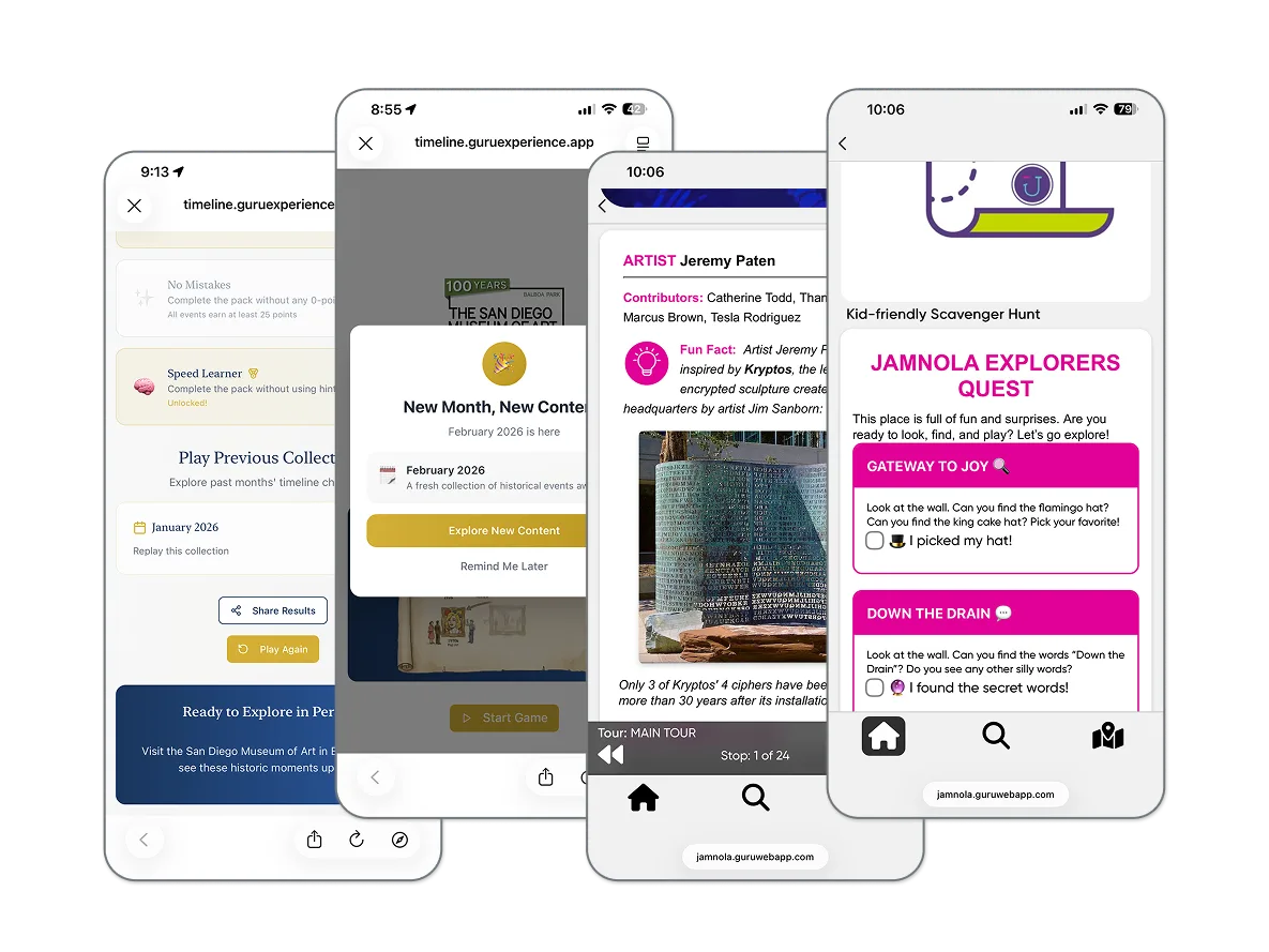 Four mobile screens showing the Guru Museum App timeline game, new content alert, art info, and a kid-friendly scavenger hunt.