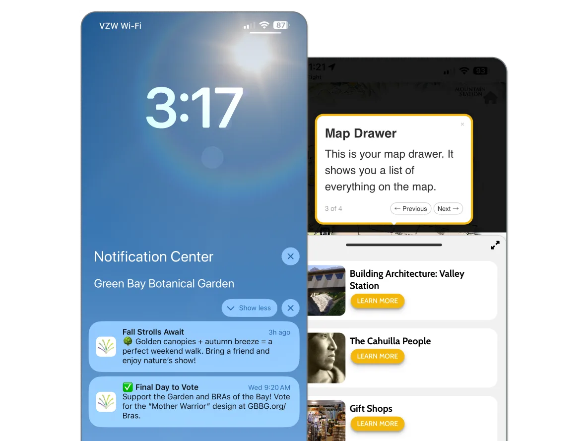 Guru App screens showing Green Bay Botanical Garden notifications and a map drawer with info cards.