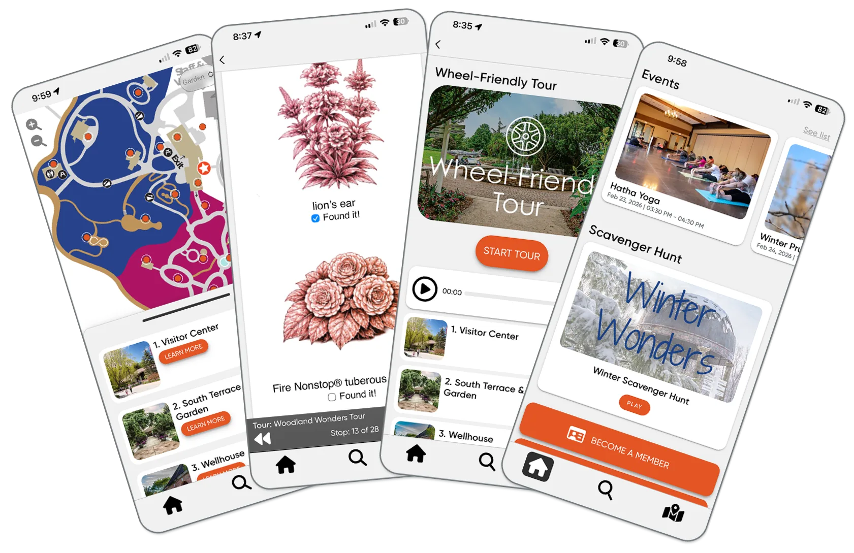 Guru Museum app showing garden map, plant IDs, wheel-friendly tour, and event listings with membership option.