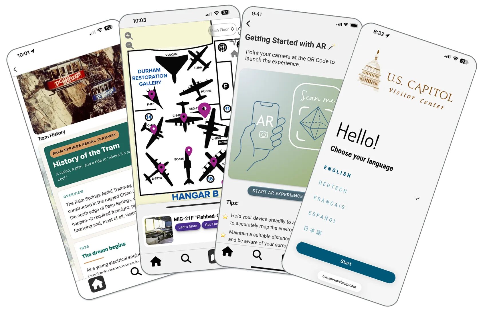 Four screens of the Guru Museum app showing history, map with aircraft icons, AR setup, and language selection for U.S. Capitol Visitor Center.