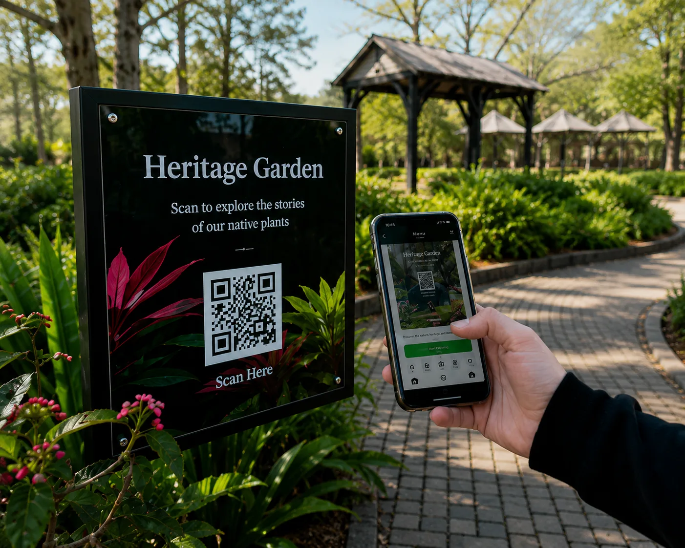 Person scanning a QR code on Heritage Garden sign with Guru Museum app on smartphone in a leafy park area.