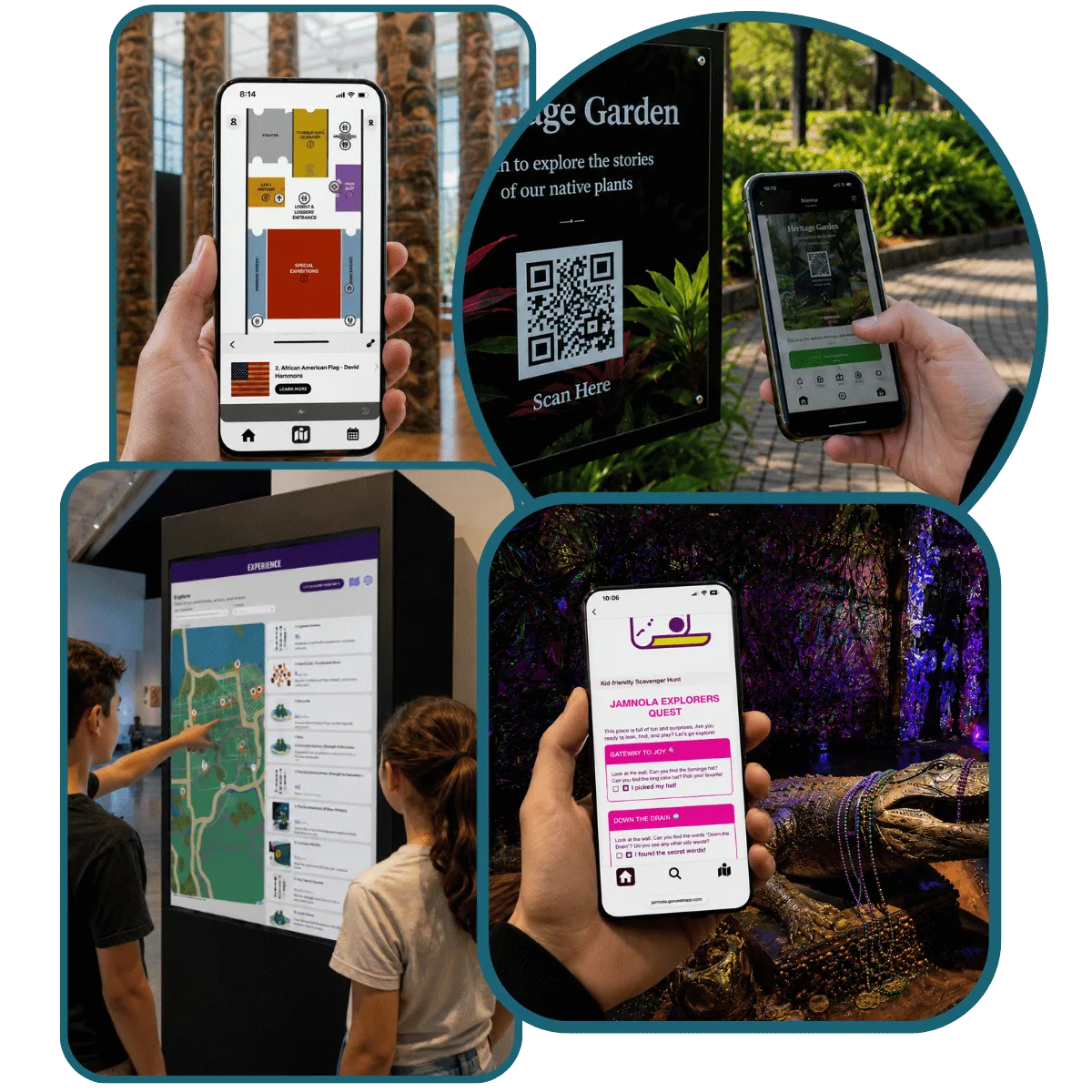 Collage showing Guru mobile app maps, QR code scanning, digital exhibit guides, and kids' scavenger hunt in a museum.