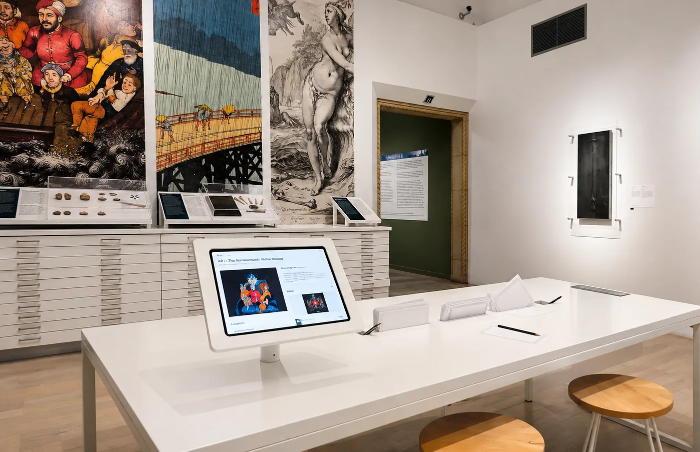 Museum gallery featuring an Guru interactive tablet kiosk and in-gallery digital experience station.