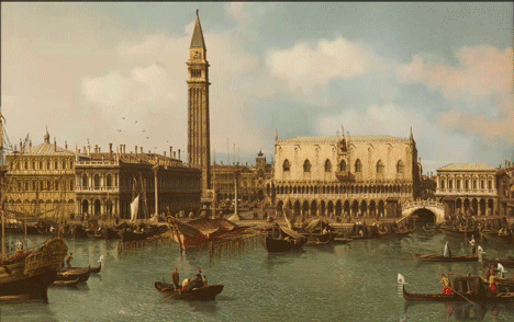 Bellotto view painting of Venice showing gondolas on the Molo below the Campanile and the Doge's Palace, animated with sound in the app.
