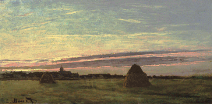 Monet painting of two haystacks in a field at sunset, brought to life with drifting cloud and shifting colour as a motion overlay.