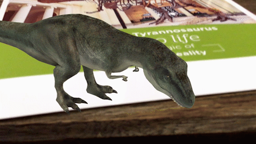 Three-dimensional tyrannosaurus model standing on a printed AR trigger page, animated as if walking out of a museum dinosaur hall.