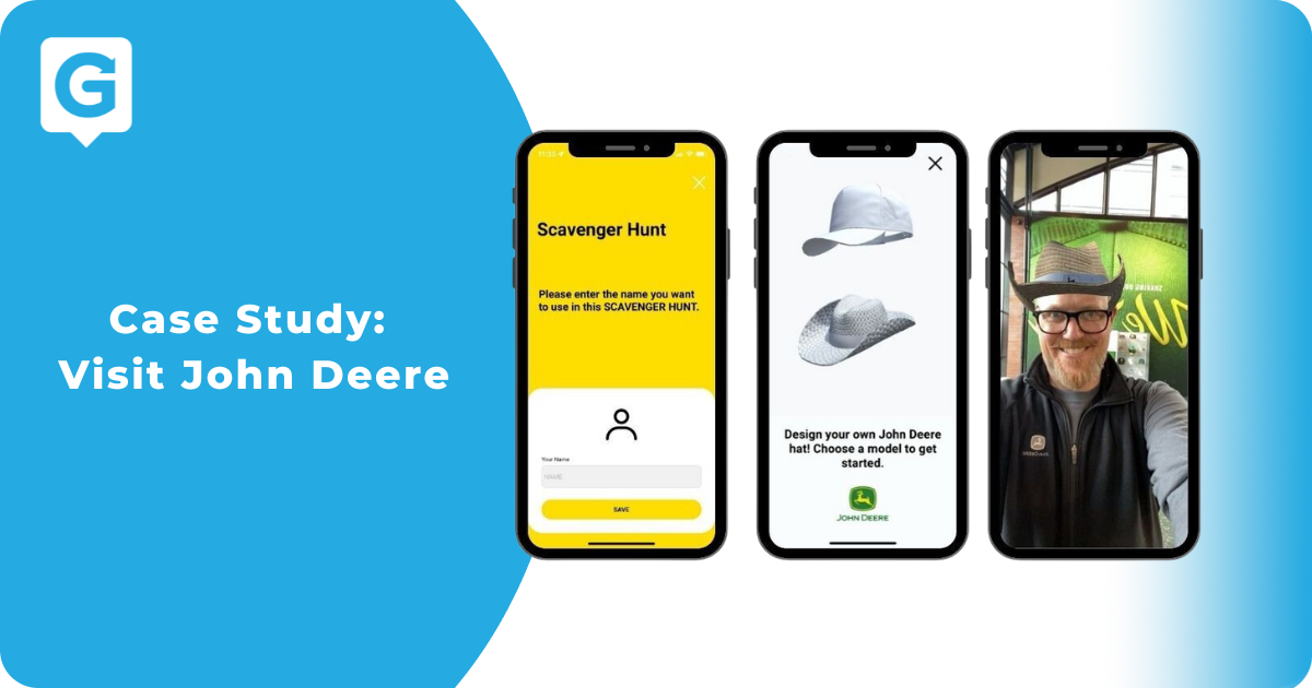 Blog cover image of phone screens from the Guru Museum app of John Deere app: scavenger hunt sign-in, a build your own hat picker, and an AR selfie of a visitor wearing a virtual straw hat.