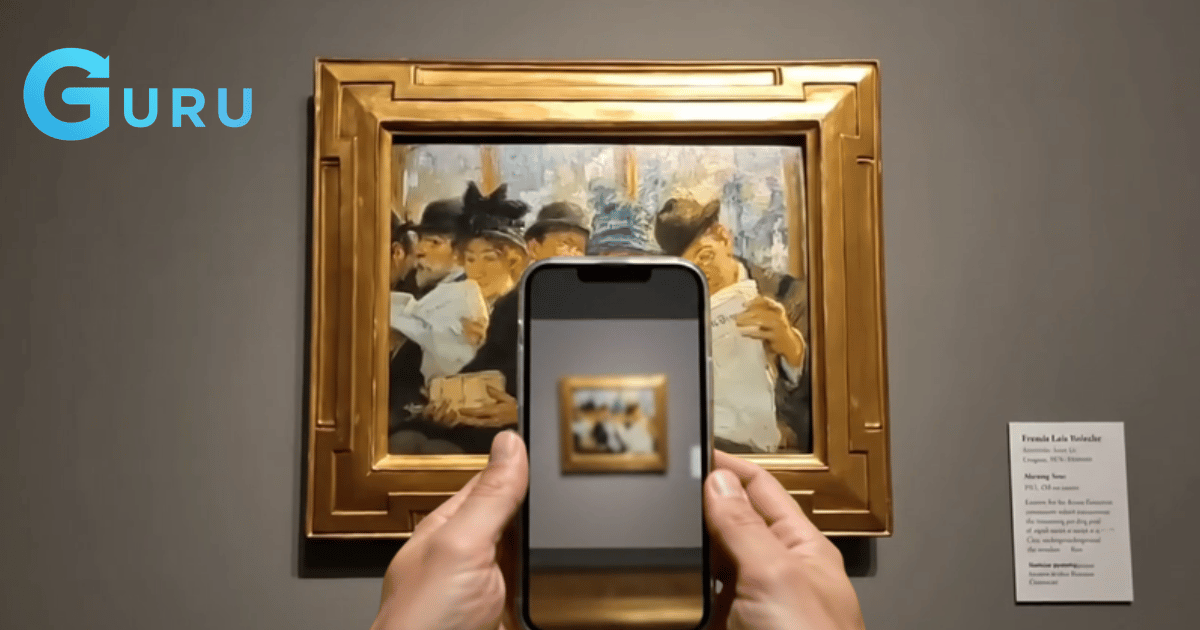 Visitor holding a phone up to a framed painting in a gallery, with the Guru app showing an augmented reality layer over the artwork.
