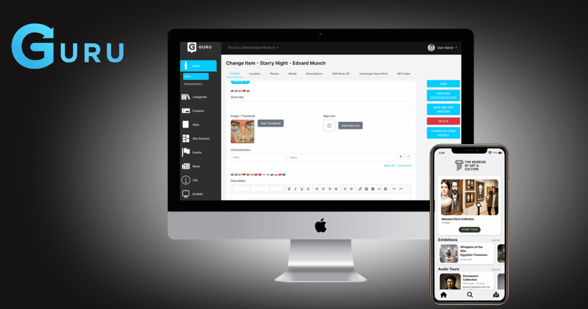 The Guru CMS open on a desktop monitor showing an item edit screen, beside a phone displaying the resulting museum app home page.