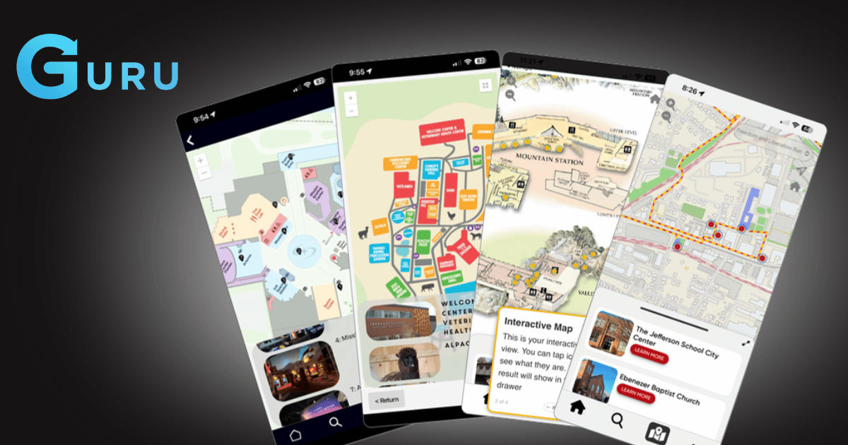 Four phone screens side by side showing Guru app maps for a zoo, a botanical garden, an aerial tramway station, and a city heritage trail.