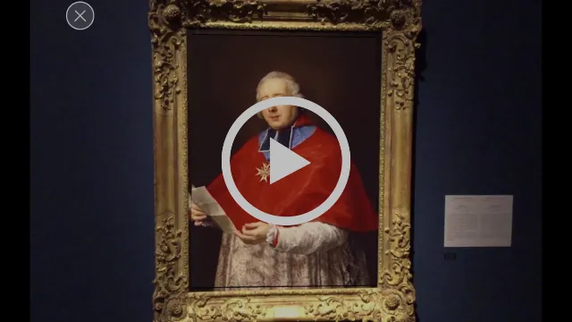 Video thumbnail with a play button over a gilt-framed portrait of a cardinal in red robes hung on a deep blue gallery wall.