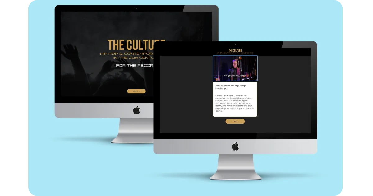 Two desktop mockups of The Culture interactive: a For The Record title screen and a Be a part of hip hop history story prompt.