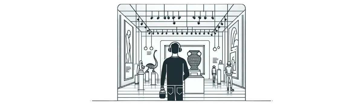 Line drawing of a visitor in headphones facing a vase on a plinth in a gallery of framed art, sculpture and a small dinosaur skeleton.