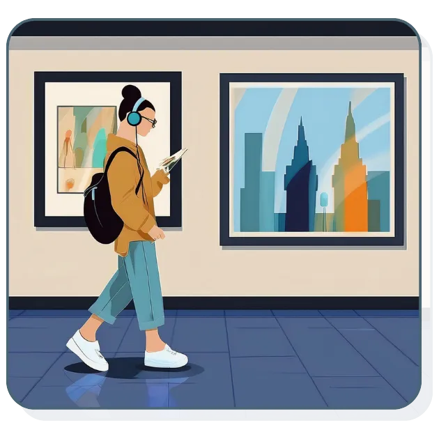 Illustration of a visitor in headphones walking through a gallery with a phone in hand, listening to an audio tour past two framed paintings.