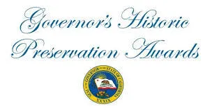Governor's Historic Preservation Awards wordmark in blue script above the State of California seal, the 2017 award won by the Battleship IOWA app.