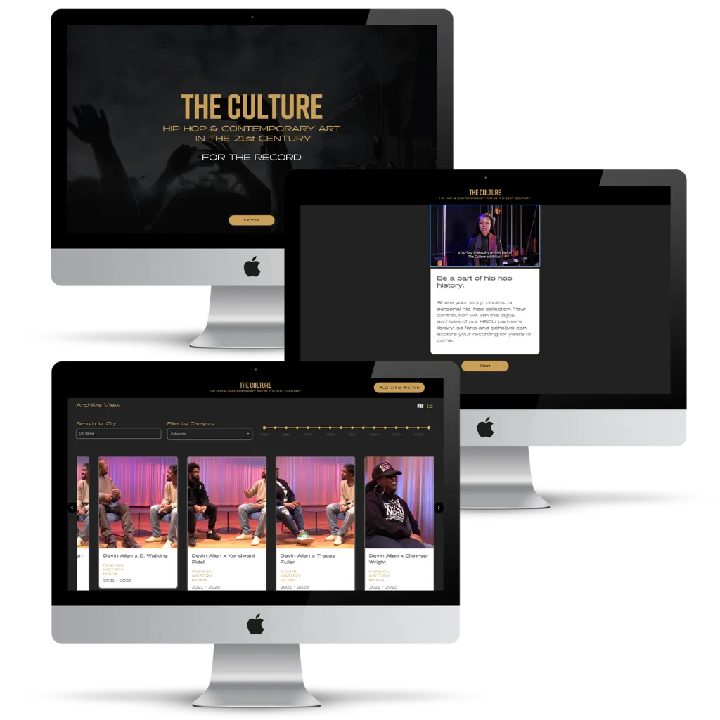 Three desktop mockups of The Culture hip hop archive: title landing page, a prompt to contribute your story, and a filterable archive carousel.