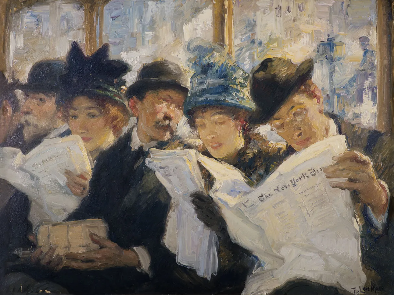 Impressionist painting of hat-wearing commuters crowded together reading newspapers including The New York Times, the trigger image for the Morning News AR.