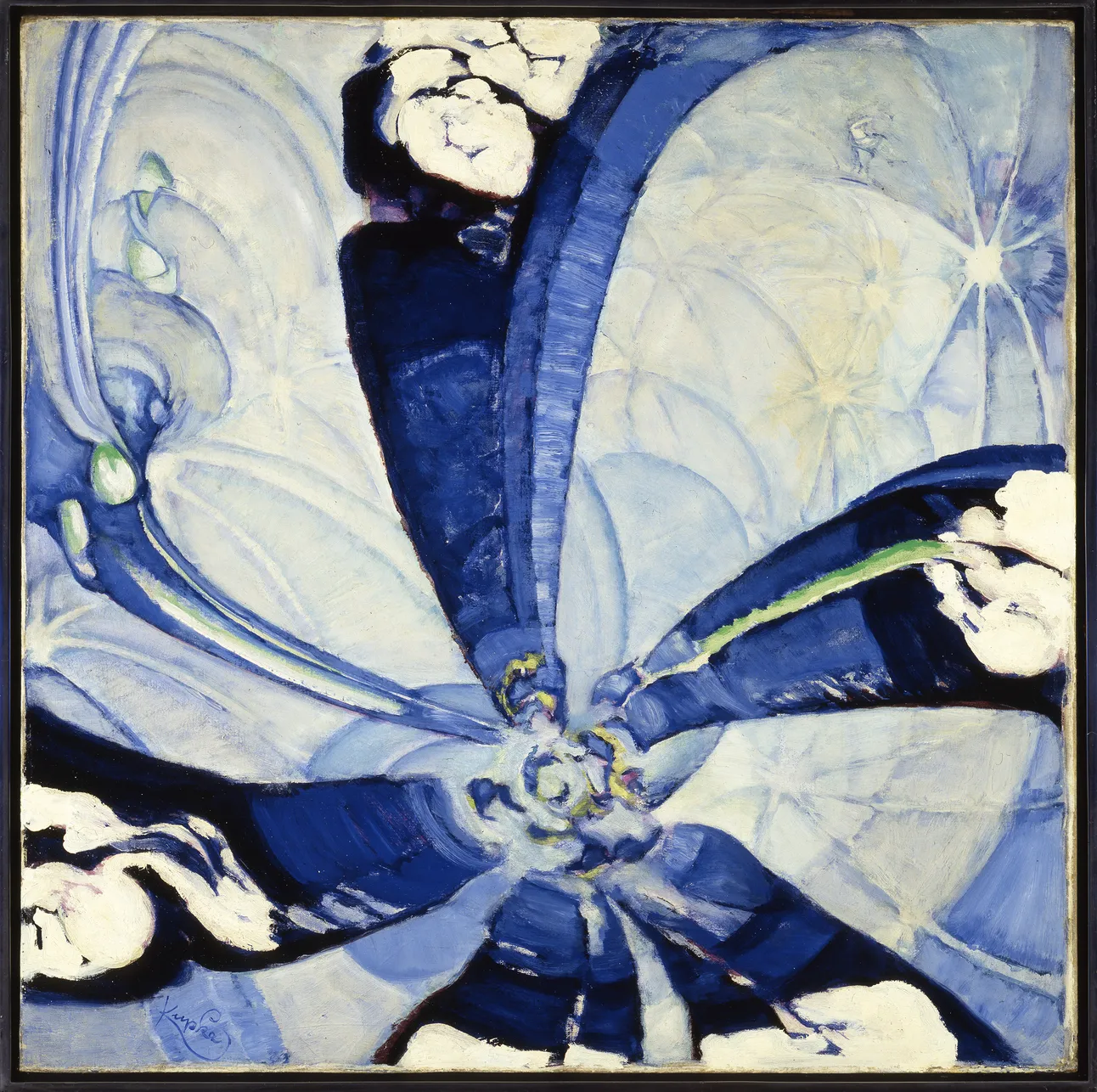 Abstract oil painting of overlapping fan-shaped petals in deep blue and cream, signed Kupka, serving as the trigger image to launch the AR experience.