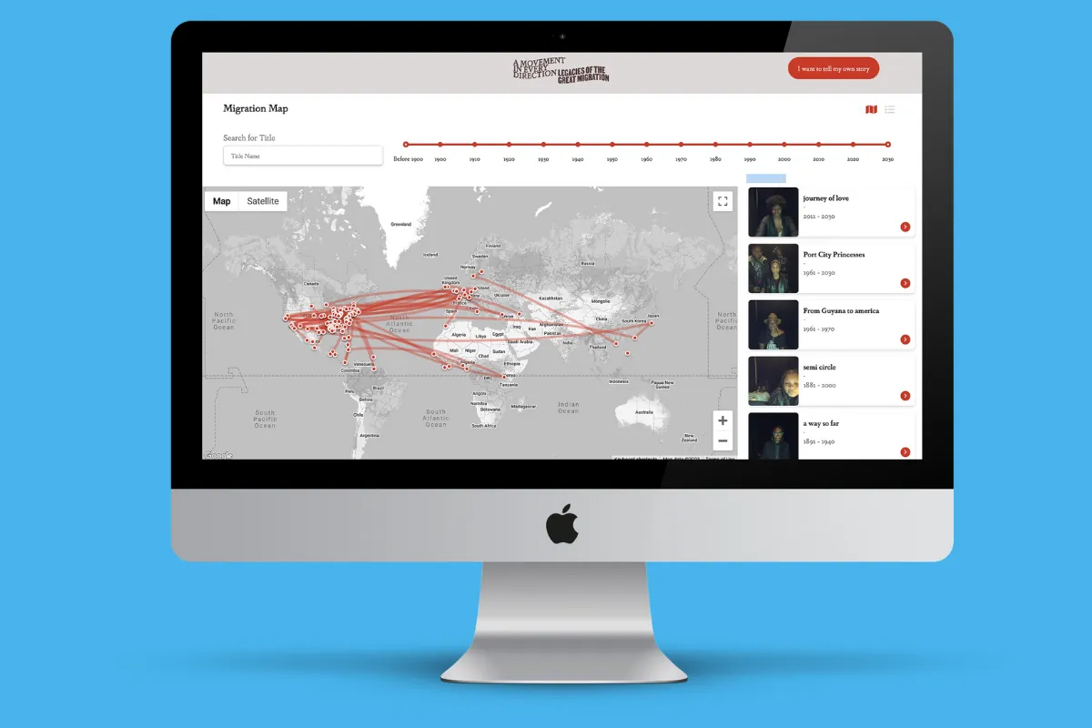 Desktop mockup of the Migration Map in A Movement In Every Direction, with red route arcs, a year timeline and a list of visitor-recorded stories.