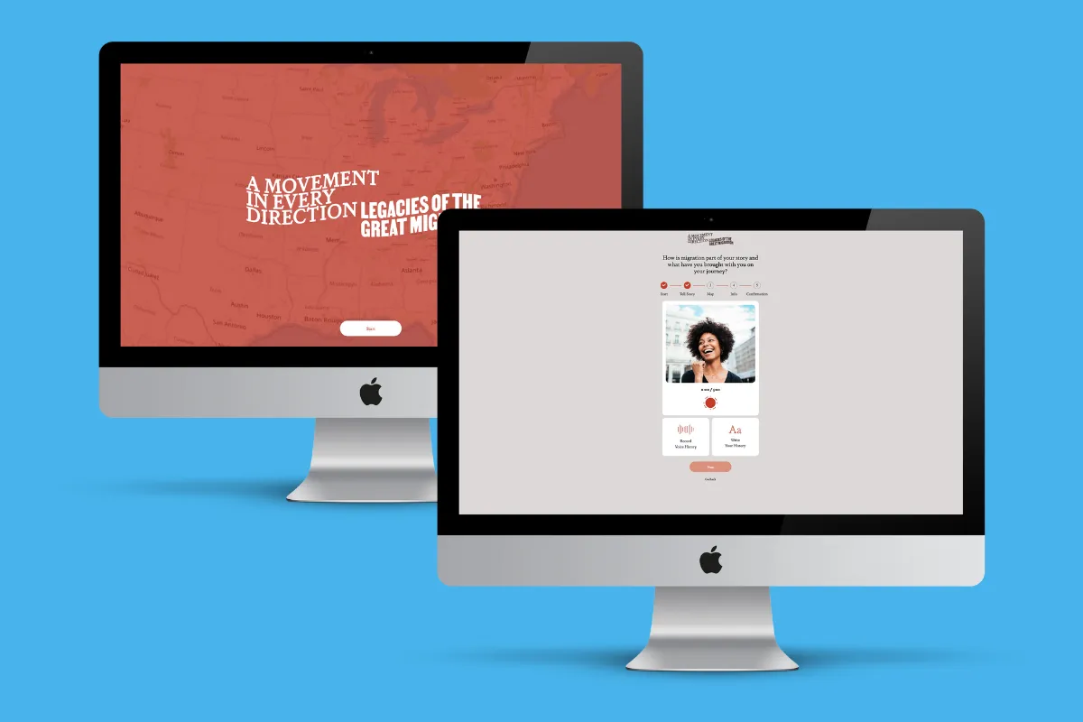 Two desktop screens for the exhibition A Movement in Every Direction, one a red migration map, the other the booth prompt for recording a personal story.