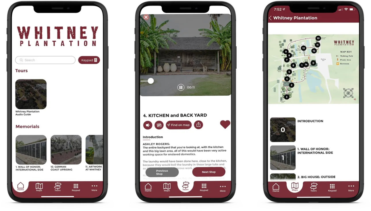 Three phone screens of the Whitney Plantation app: home with tours and memorials, the Kitchen and Back Yard stop, and an illustrated site map.