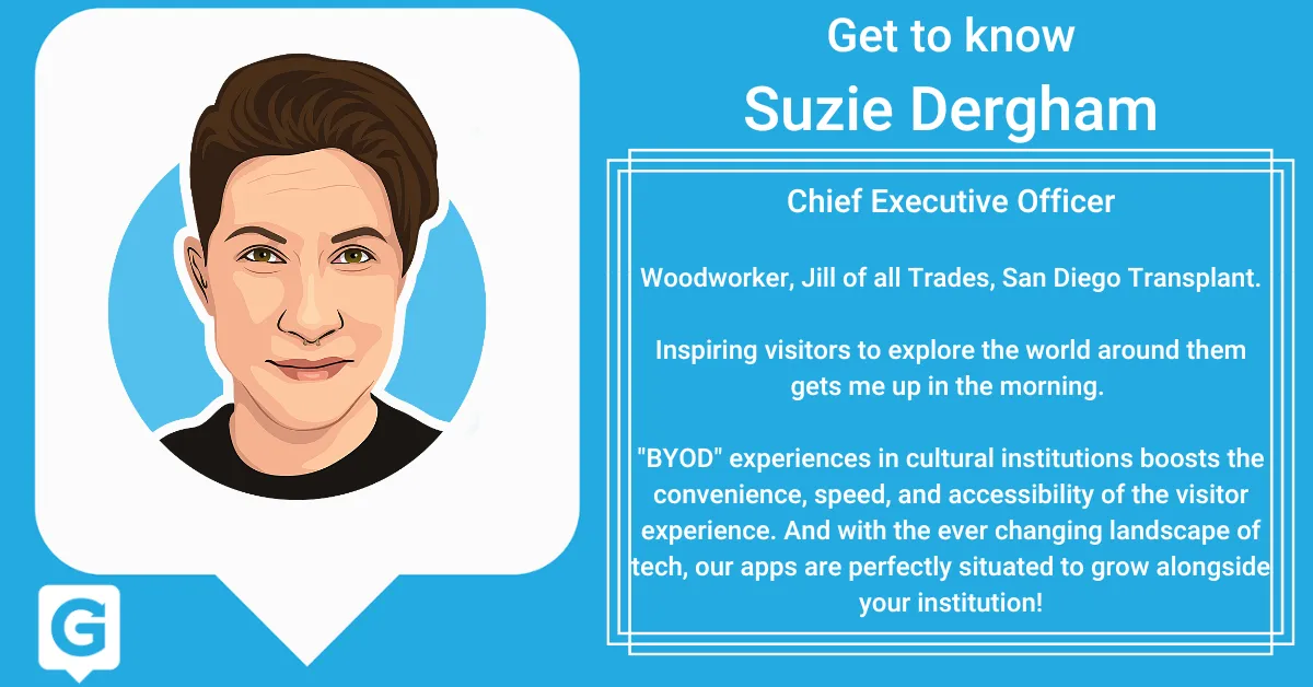 Guru "Get to know Suzie Dergham" card with an illustrated portrait of the CEO and her note on how bring-your-own-device experiences speed up visitor access.