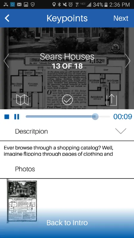 Little Italy San Diego app Keypoints screen for stop 13 of 18, Sears Houses, showing a historic catalog page, audio player, and description text.