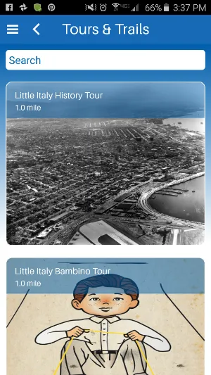 Little Italy San Diego app Tours and Trails screen listing the one mile History Tour and Bambino Tour, each with a photo card, under a search box.