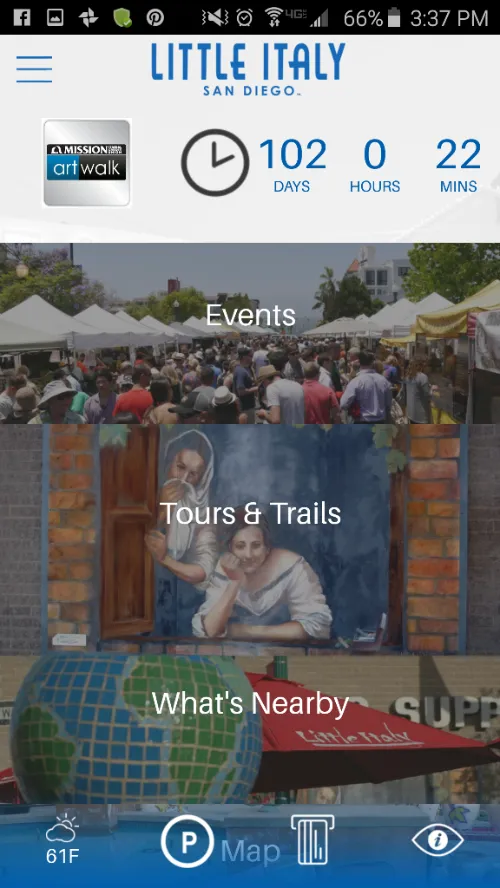 Little Italy San Diego app home screen with an Art Walk countdown and tiles for Events, Tours and Trails, and What's Nearby above a map and parking bar.